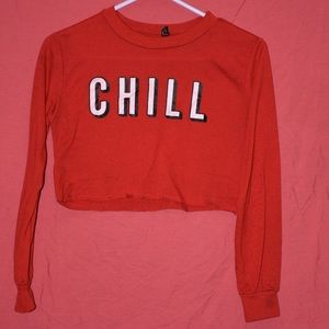 Red cropped “C H I L L” long sleeve tee